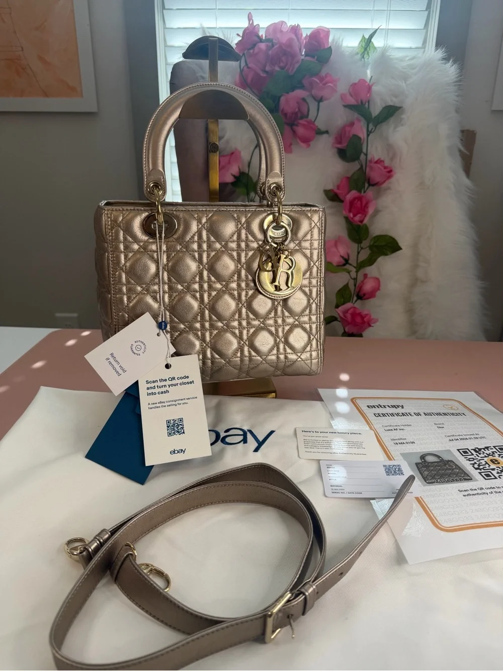 Christian Dior Metallic Lambskin Cannage Medium Lady Dior Bag w/ COA